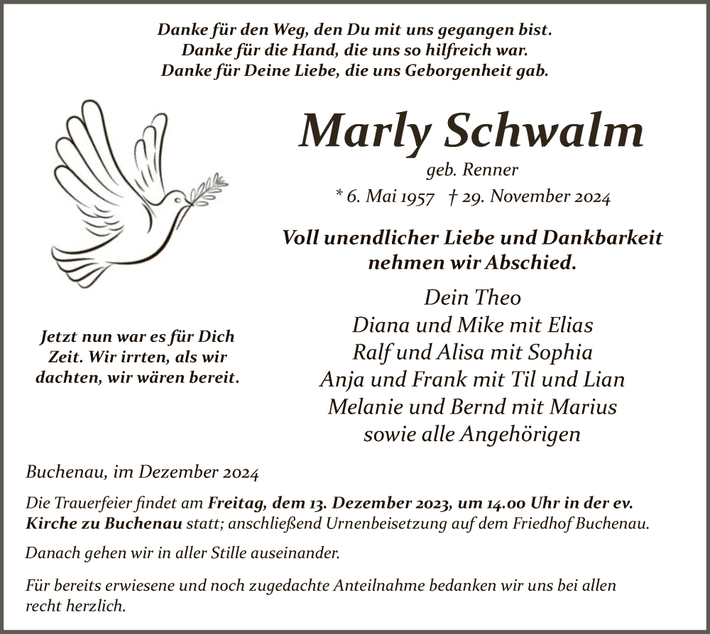  Traueranzeige für Marly Schwalm vom 07.12.2024 aus HZ