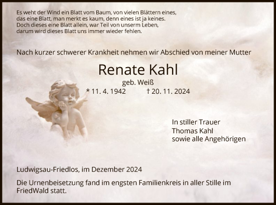 Traueranzeige von Renate Kahl von HZHNA