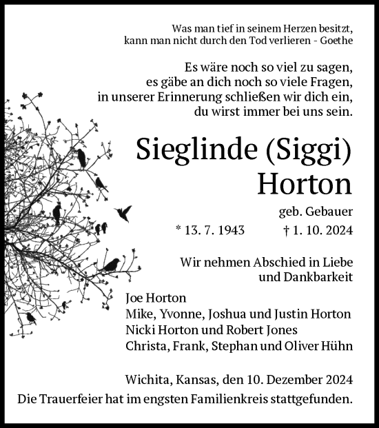 Traueranzeige von Sieglinde Horton von HZ