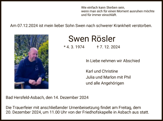 Traueranzeige von Swen Rösler von HZ