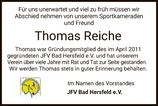 Traueranzeige von Thomas Reiche von HZ