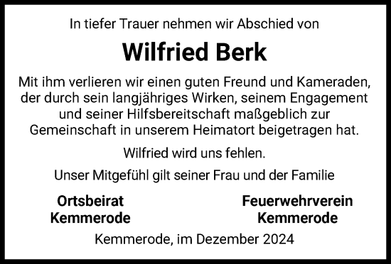 Traueranzeige von Wilfried Berk von HZ