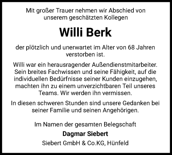 Traueranzeige von Willi Berk von HZ