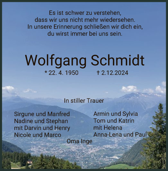 Traueranzeige von Wolfgang Schmidt von HZ