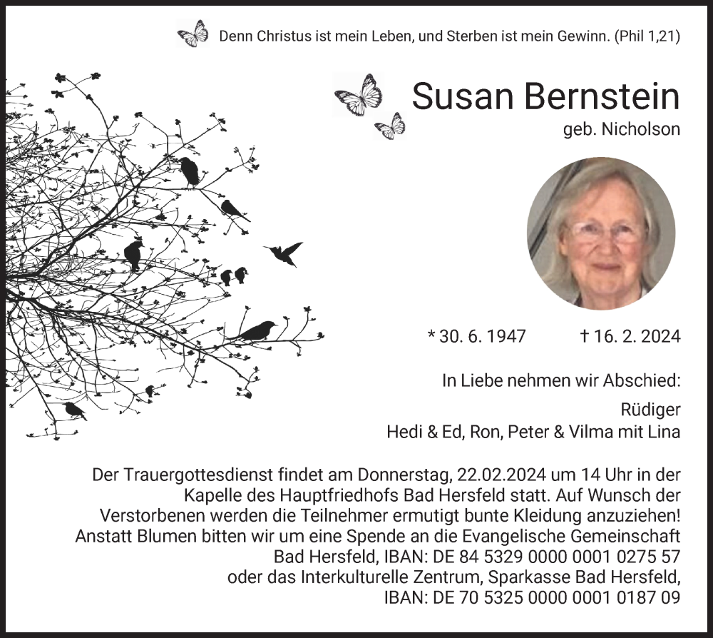  Traueranzeige für Susan Bernstein vom 20.02.2024 aus HZ