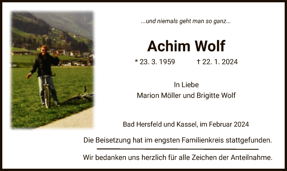  Traueranzeige für Achim Wolf vom 03.02.2024 aus HZ