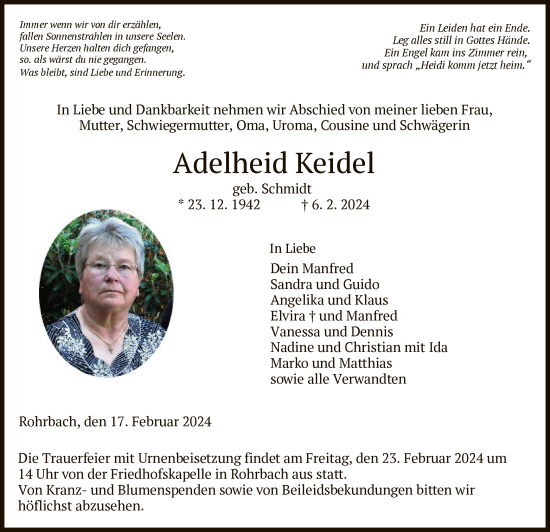 Traueranzeige von Adelheid Keidel von HZHNA