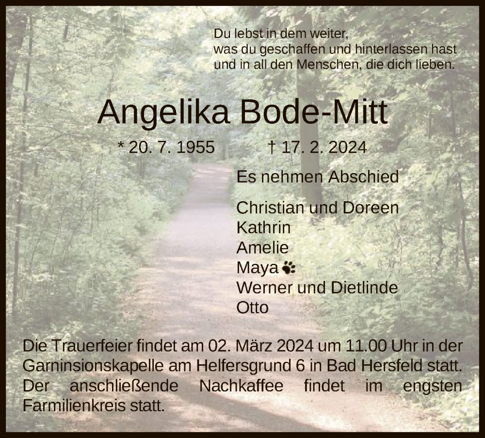  Traueranzeige für Angelika Bode-Mitt vom 24.02.2024 aus HZ