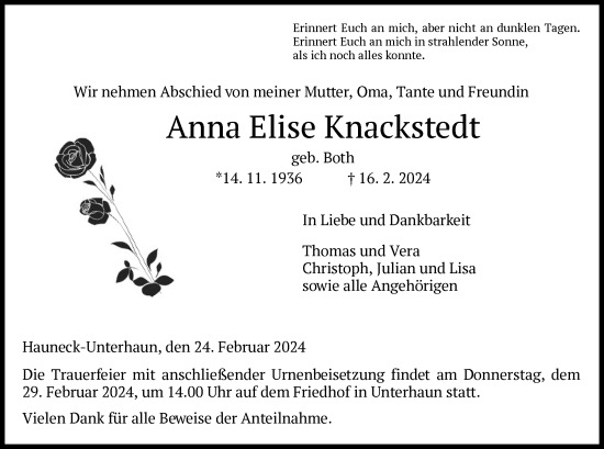 Traueranzeige von Anna Elise Knackstedt von HZ