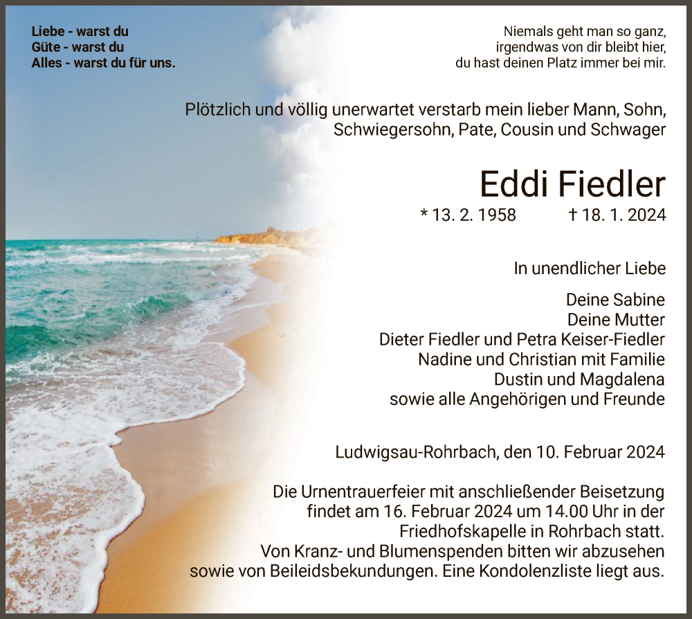  Traueranzeige für Eddi Fiedler vom 10.02.2024 aus HZHNA