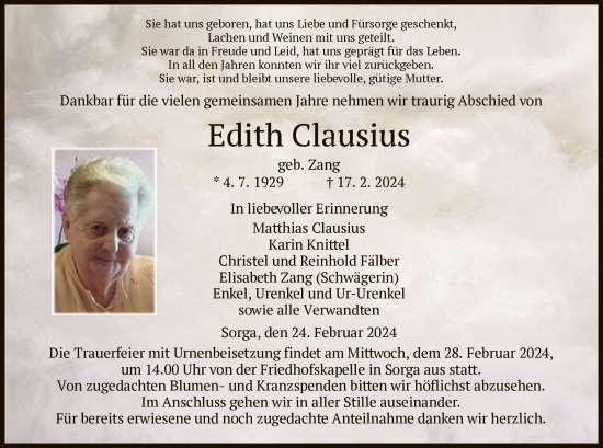 Traueranzeige von Edith Clausius von HZ