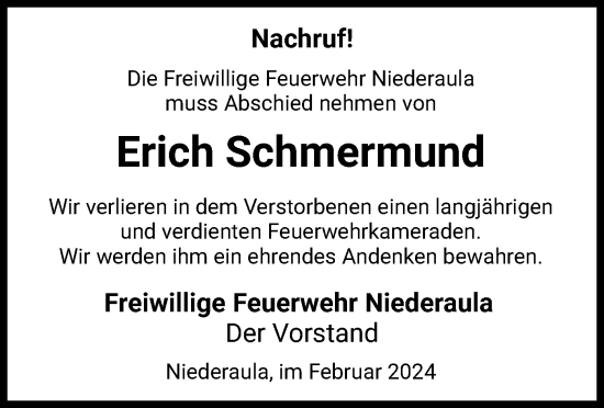 Traueranzeige von Erich Schmermund von HZ