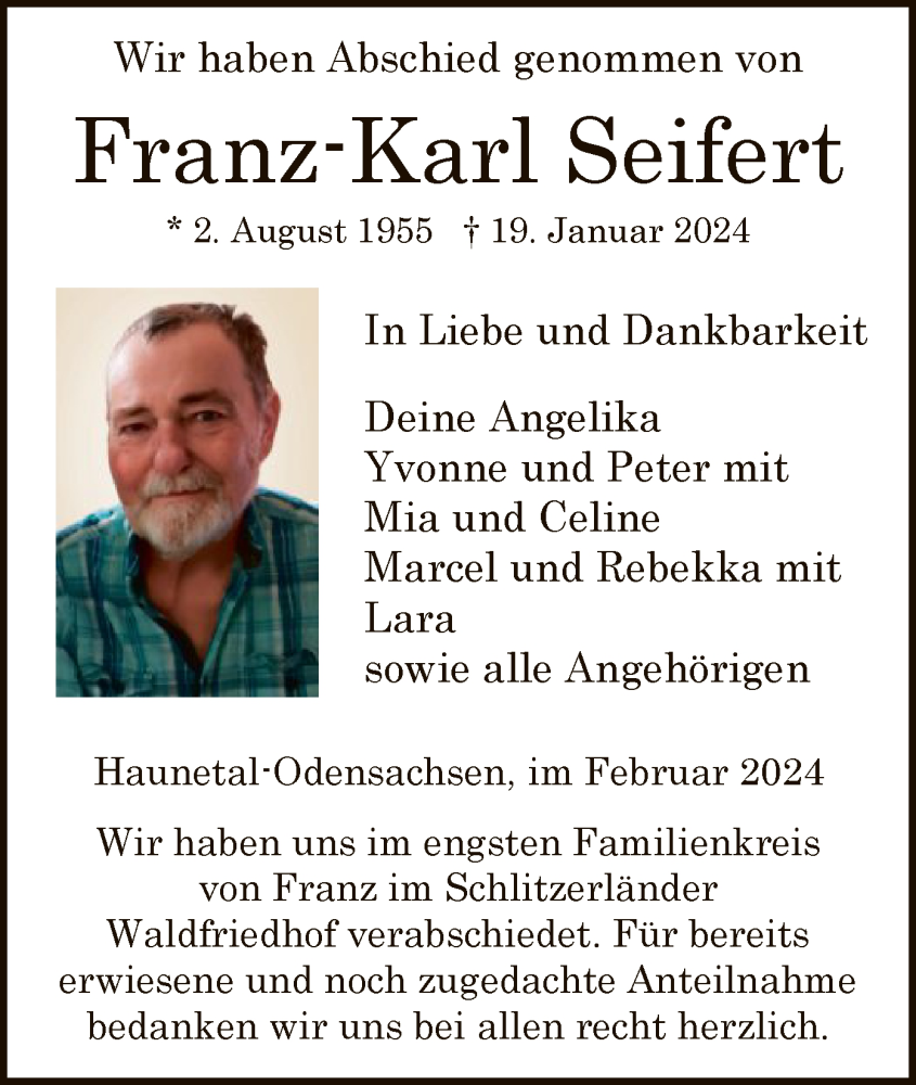  Traueranzeige für Franz-Karl Seifert vom 24.02.2024 aus HZ