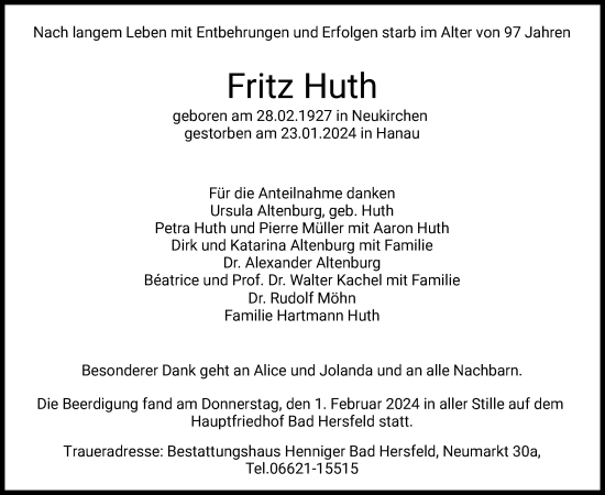 Traueranzeige von Fritz Huth von HZ