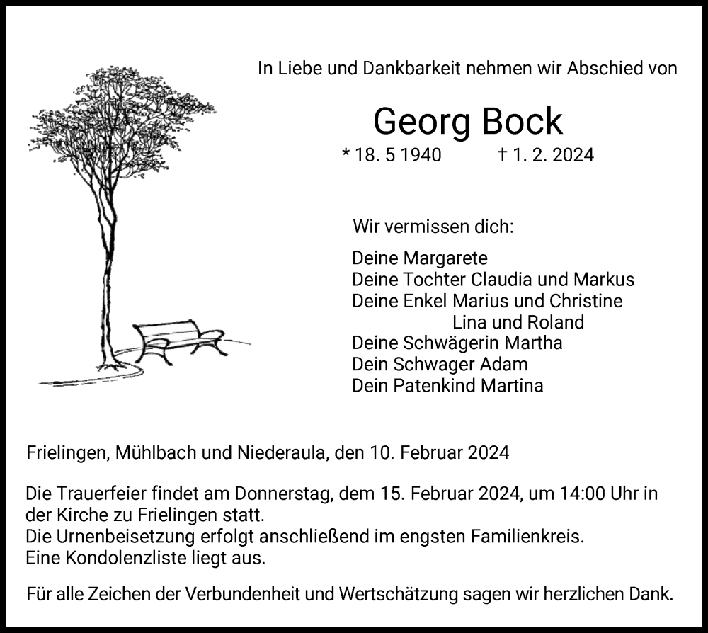  Traueranzeige für Georg Bock vom 10.02.2024 aus HZ