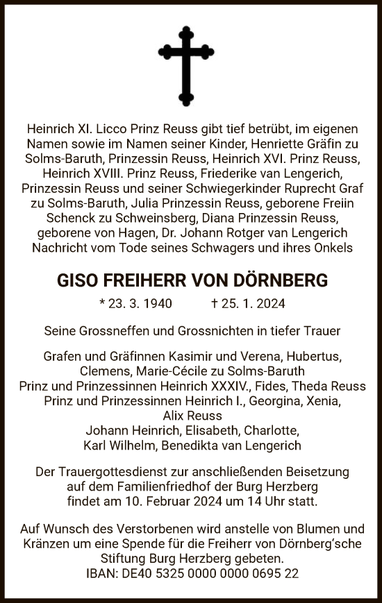 Traueranzeige von Giso Freiherr von Dörnberg von HZ