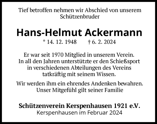 Traueranzeige von Hans-Helmut Ackermann von HZ
