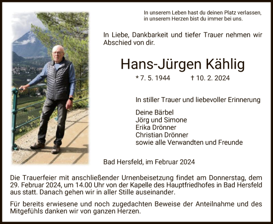 Traueranzeige von Hans-Jürgen Kählig von HZHNA