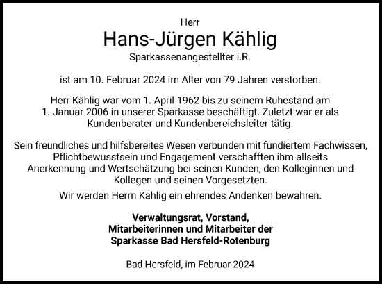 Traueranzeige von Hans-Jürgen Kählig von HZ