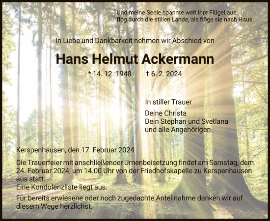 Traueranzeige von Hans Helmut Ackermann von HZ