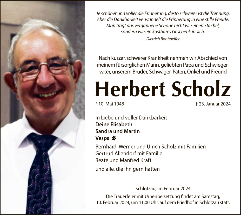 Traueranzeige für Herbert Scholz vom 05.02.2024 aus HZ