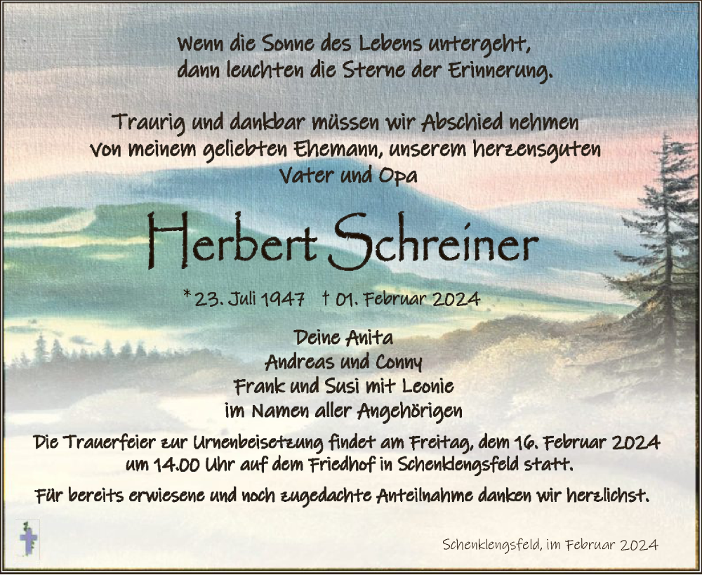  Traueranzeige für Herbert Schreiner vom 10.02.2024 aus HNAHZ