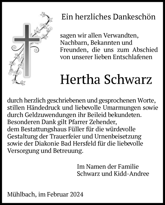 Traueranzeige von Hertha Schwarz von HZ