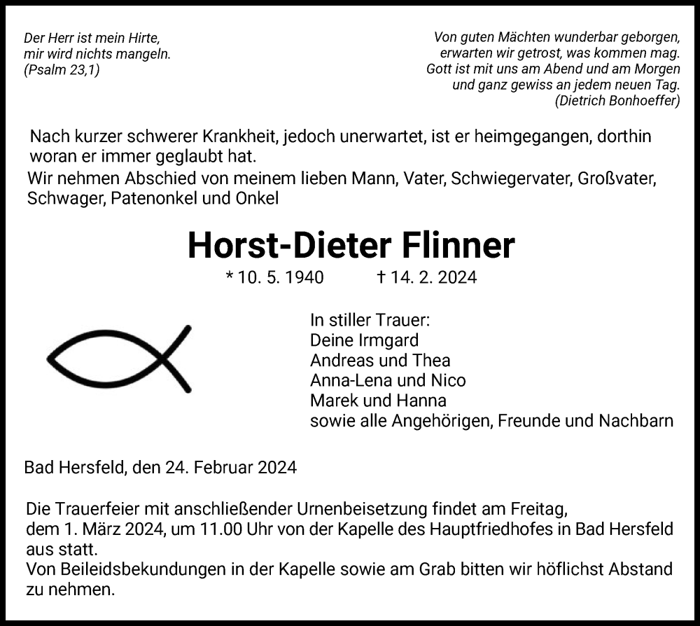  Traueranzeige für Horst-Dieter Flinner vom 24.02.2024 aus HZ