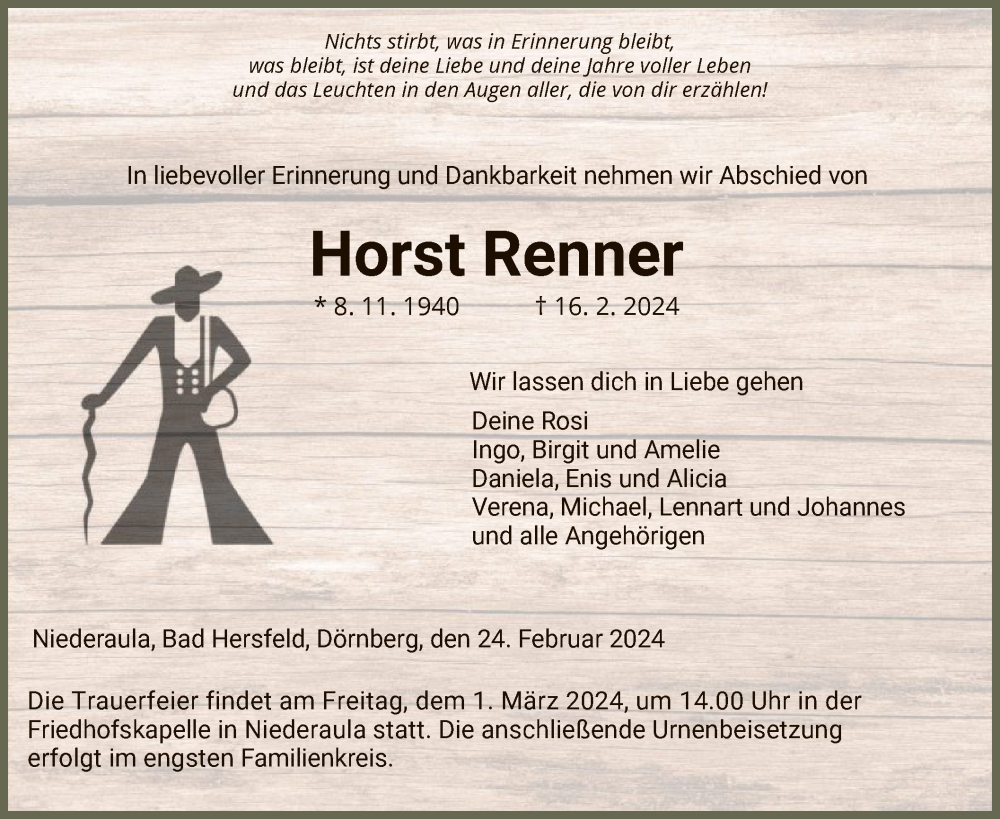  Traueranzeige für Horst Renner vom 24.02.2024 aus HZ