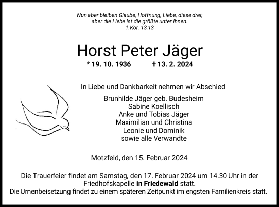 Traueranzeige von Horst Peter Jäger von HZ