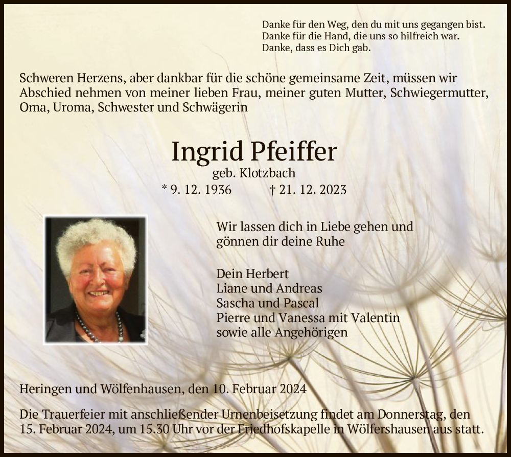  Traueranzeige für Ingrid Pfeiffer vom 10.02.2024 aus HZHNA