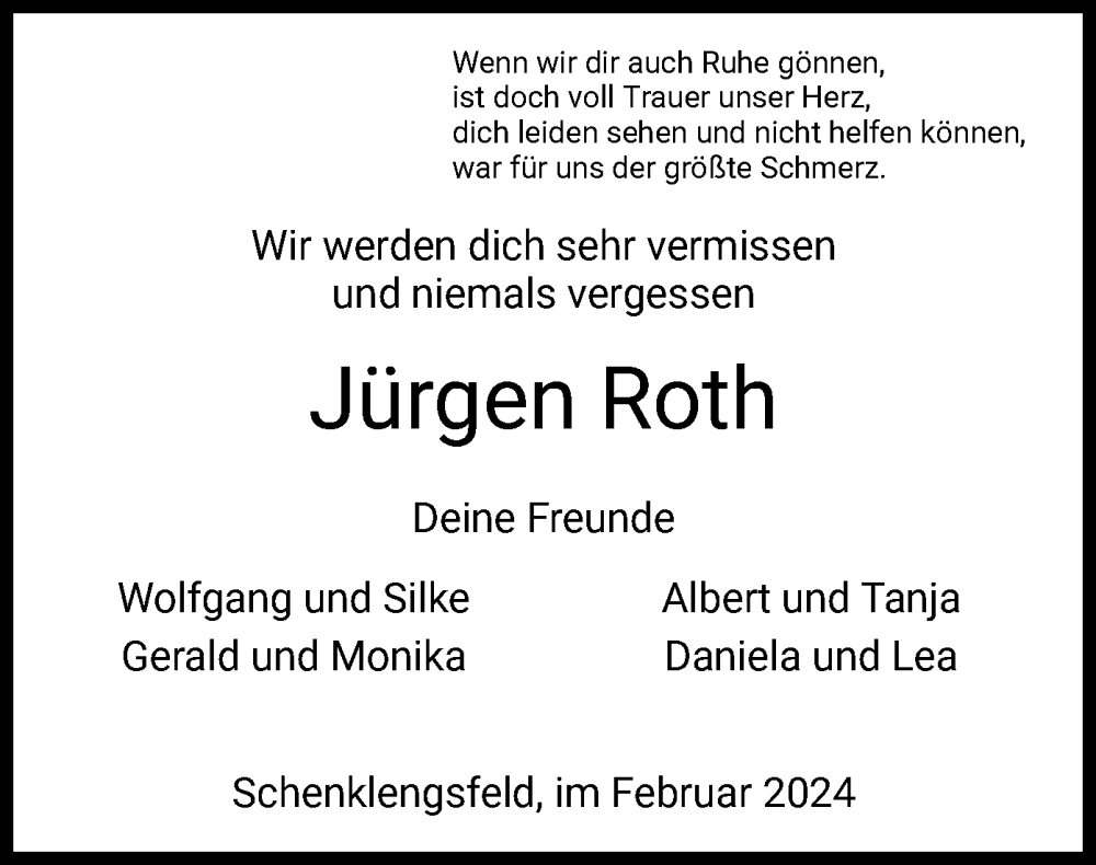  Traueranzeige für Jürgen Roth vom 28.02.2024 aus HZ