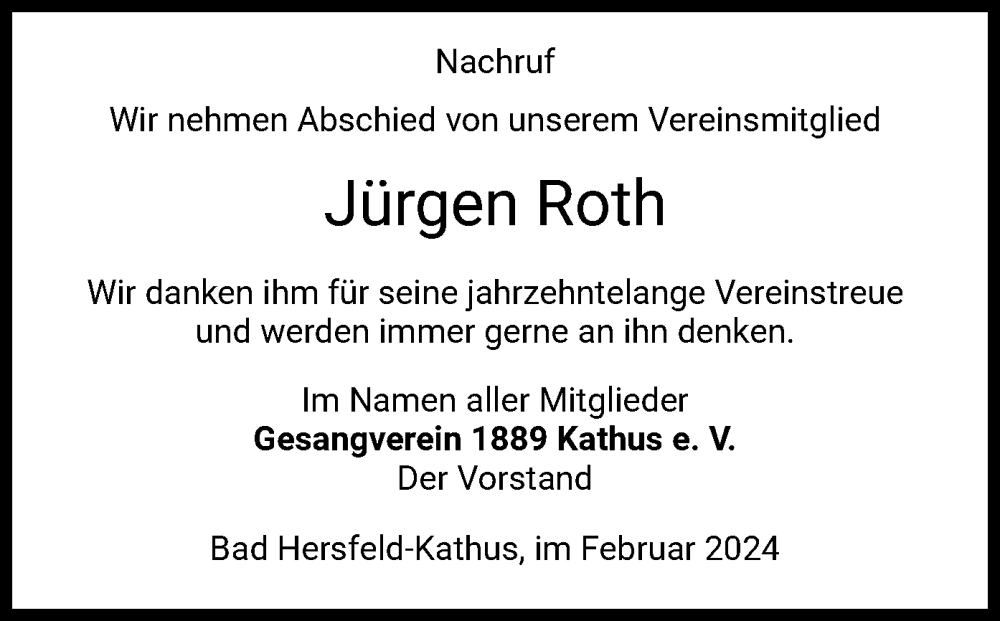  Traueranzeige für Jürgen Roth vom 28.02.2024 aus HZ