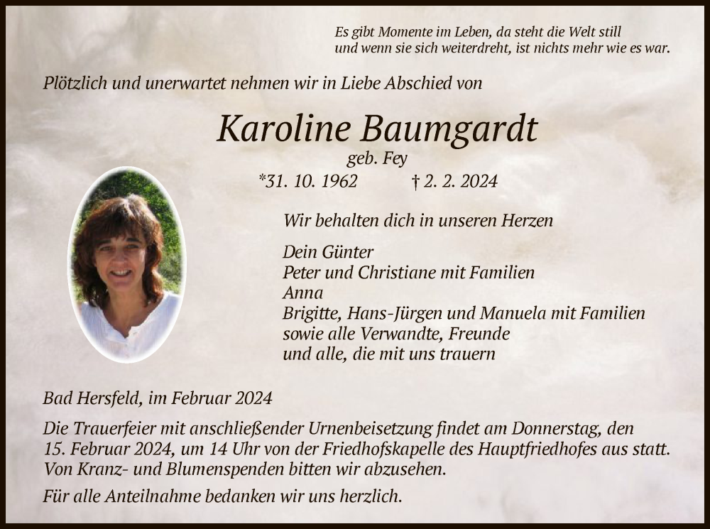  Traueranzeige für Karoline Baumgardt vom 10.02.2024 aus HZHNA