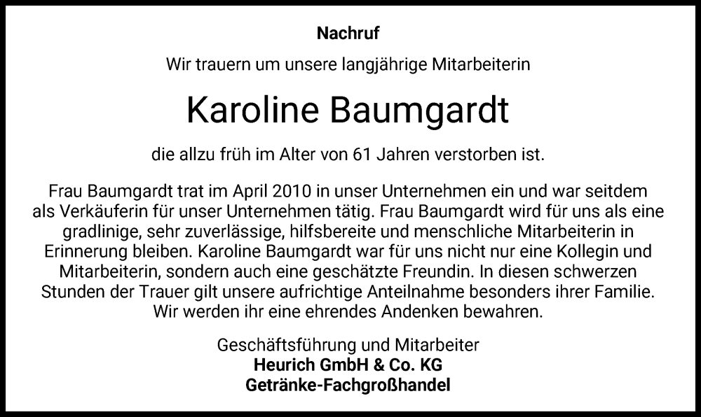  Traueranzeige für Karoline Baumgardt vom 10.02.2024 aus HZ