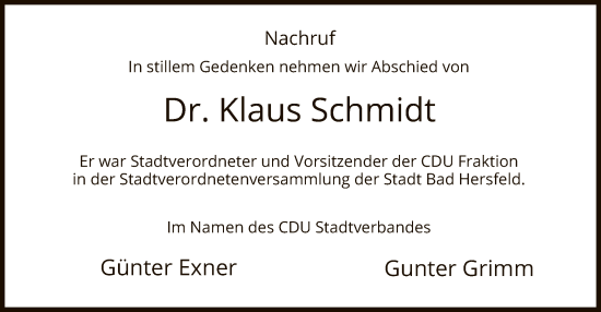 Traueranzeige von Klaus Schmidt von HZ