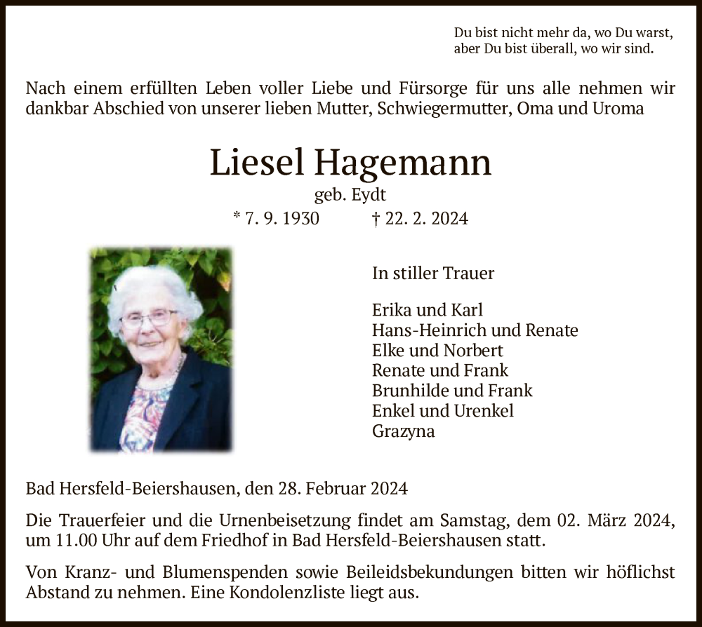  Traueranzeige für Liesel Hagemann vom 28.02.2024 aus HZ
