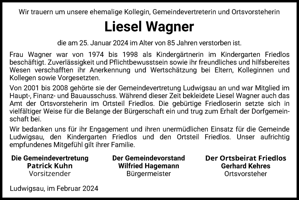  Traueranzeige für Liesel Wagner vom 17.02.2024 aus HZ