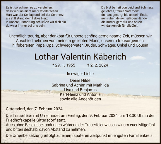 Traueranzeige von Lothar Valentin Käberich von HZ