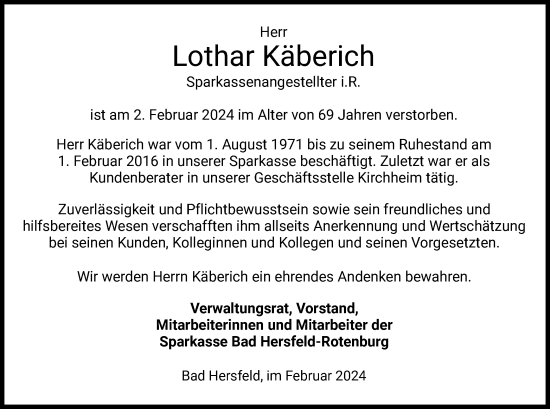 Traueranzeige von Lothar Valtenin Käberich von HZ