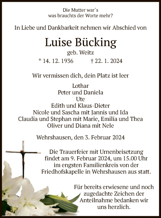 Traueranzeige von Luise Bücking von HZ