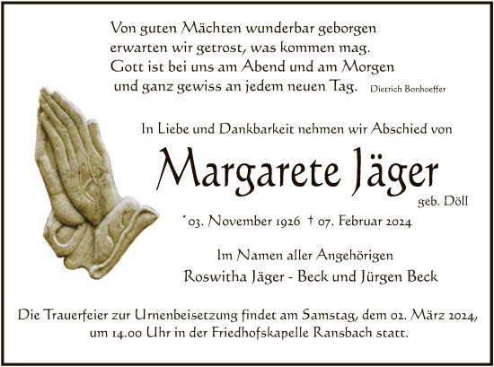 Traueranzeige von Margarete Jäger von HZ