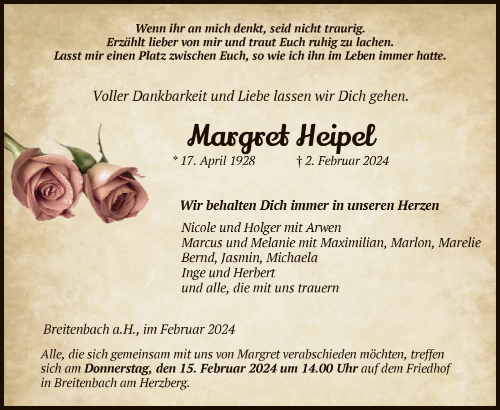 Traueranzeige für Margret Heipel vom 10.02.2024 aus HZ