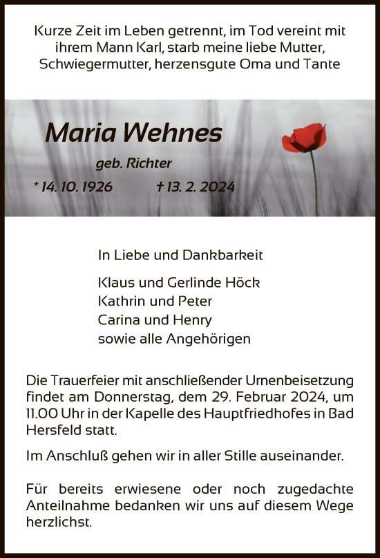 Traueranzeige von Maria Wehnes von HZ