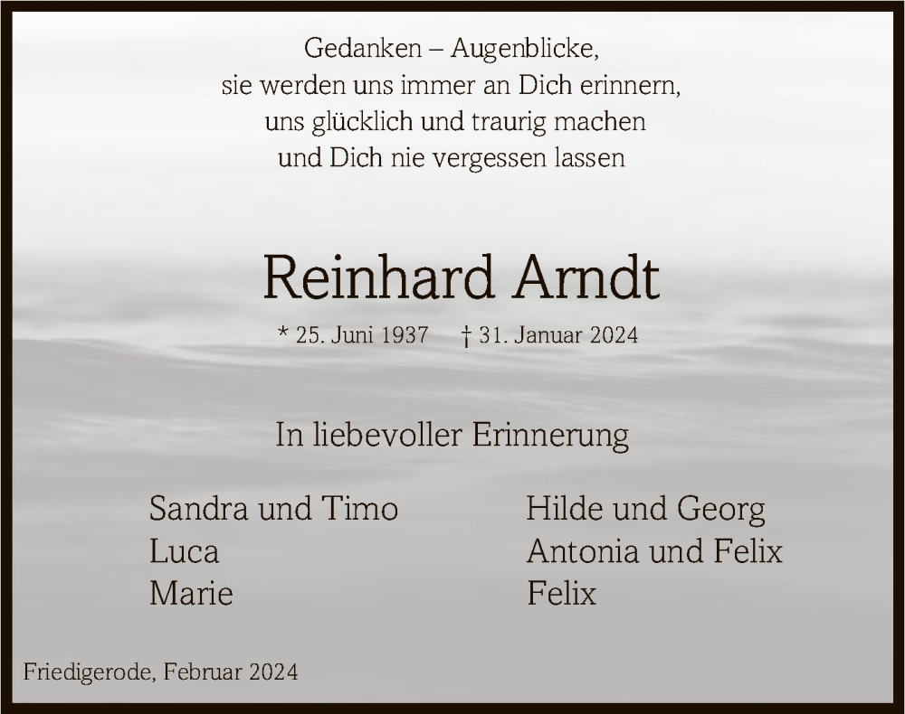  Traueranzeige für Reinhard Arndt vom 10.02.2024 aus HZ