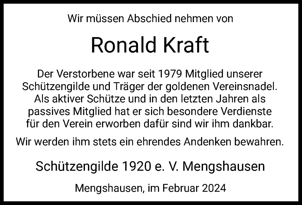  Traueranzeige für Ronald Kraft vom 03.02.2024 aus HZ