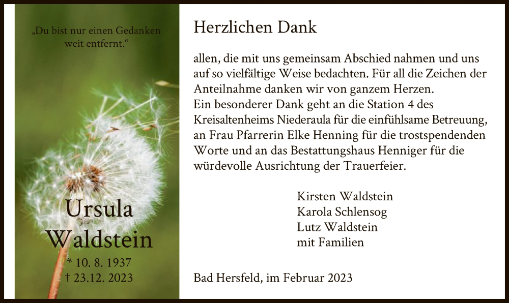  Traueranzeige für Ursula Waldstein vom 10.02.2024 aus HZ