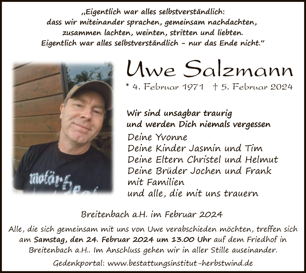  Traueranzeige für Uwe Salzmann vom 17.02.2024 aus HZ