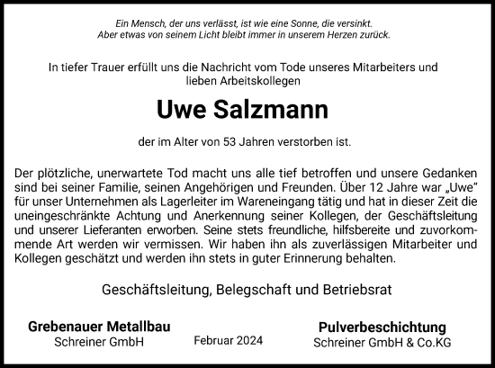 Traueranzeige von Uwe Salzmann von HZ