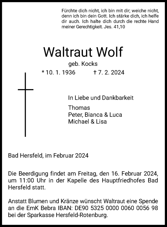 Traueranzeige von Waltraut Wolf von HZ
